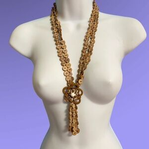 Bohemian Wood Disc Beads Artisan Made Long Statement Necklace